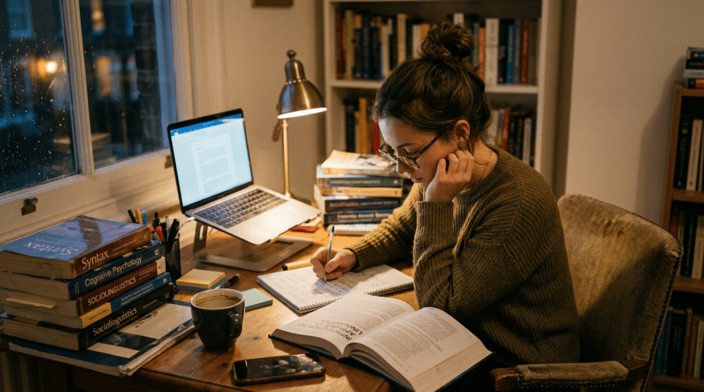 Student studying at a desk with open books, laptop, notes, and coffee